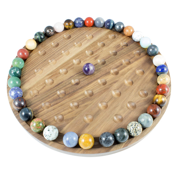 Large Solitaire Walnut Game Board with Mineral and Gemstone Marbles